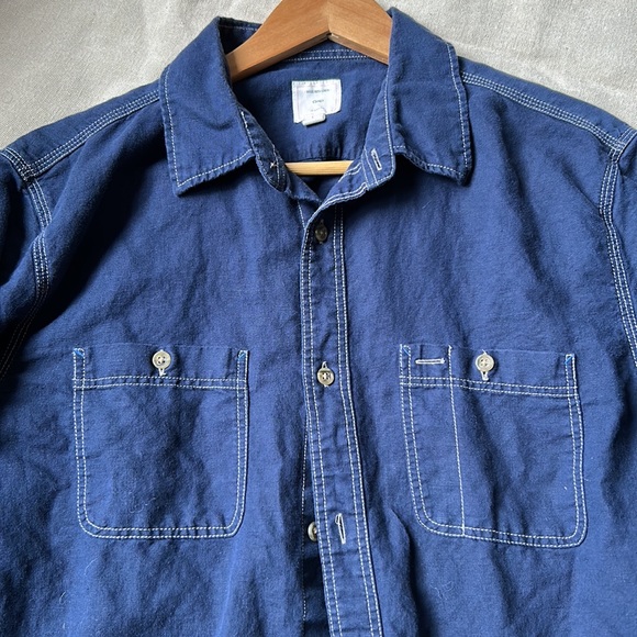 Navy blue white contrast stitch long sleeve cotton shirt workwear style EUC - Picture 4 of 10